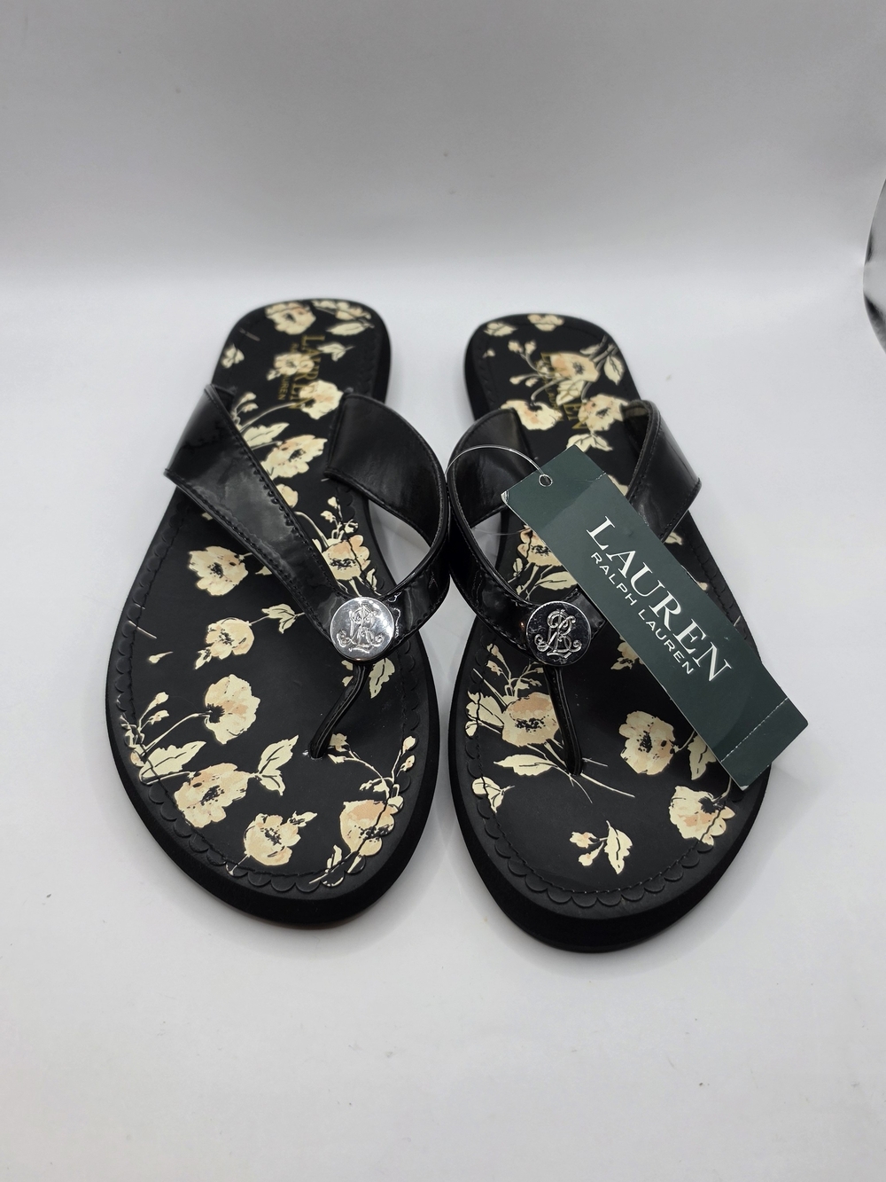 Lauren Ralph Lauren Women's Black Floral Raia Thong Sandals, Size US 8 / EUR 39
